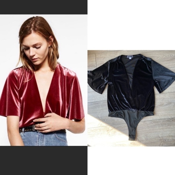 Another Story Velvet Bell Sleeve  Bodysuit in Black - Picture 1 of 14